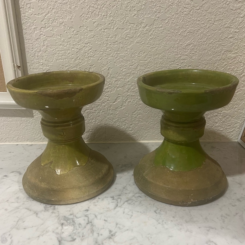 Pair of Pottery Barn Tuscan Pillar Candle Holders
